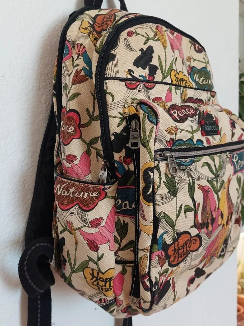 Sakroots multicoloured backpack with adjustable straps peace birds zipper #boho
